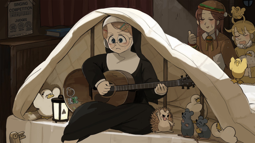 3girls acoustic_guitar bible_(object) bird blonde_hair blue_eyes book brown_hair catholic chicken clumsy_nun_(diva) diva_(hyxpk) duck eighth_note english_commentary frown glasses glasses_nun_(diva) guitar habit hair_ornament hairpin half-closed_eyes hedgehog highres hungry_nun_(diva) instrument little_nuns_(diva) long_hair messy_hair mouse multiple_girls music musical_note night nose_bubble nun pajamas playing_instrument poster_(object) round_eyewear short_hair sitting sleeping sleeping_upright sweat sweating_profusely thumbs_up