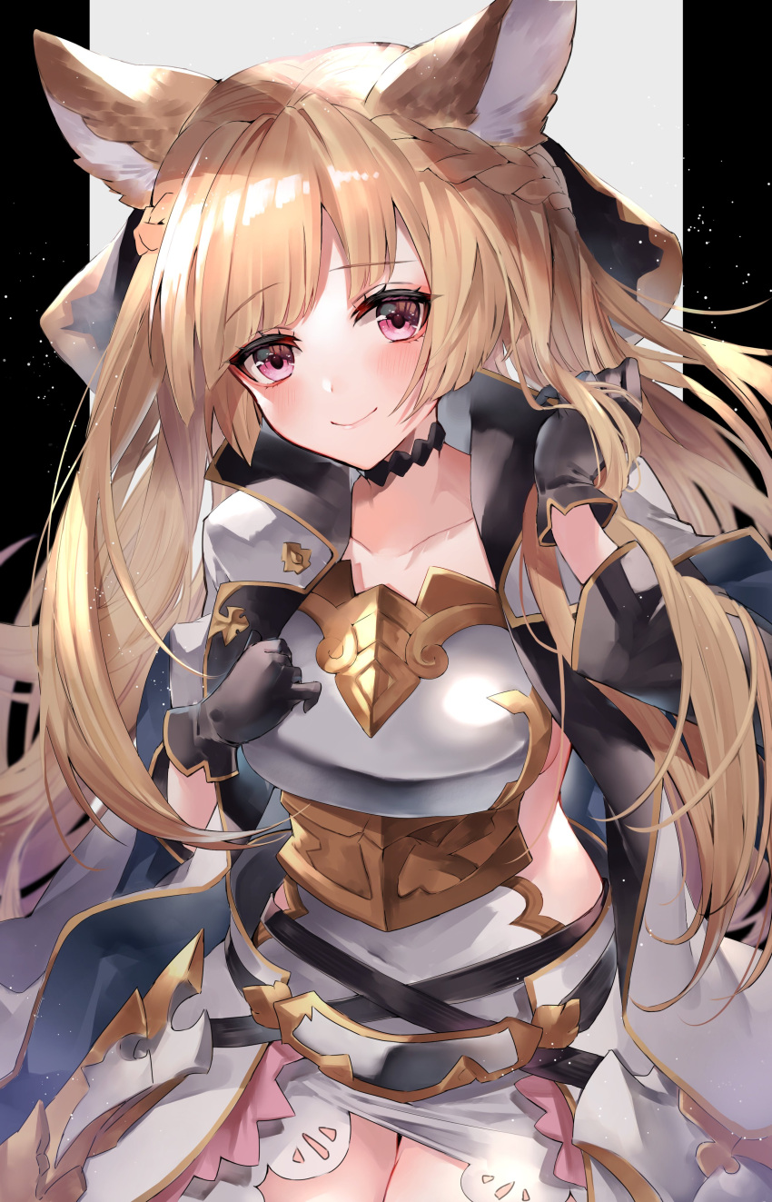 1girl 40_(0f0urw) absurdres animal_ears armor bad_id bad_twitter_id black_choker black_gloves black_ribbon blonde_hair braid breastplate choker erune gloves granblue_fantasy highres looking_at_viewer pink_eyes ribbon yuisis_(granblue_fantasy)