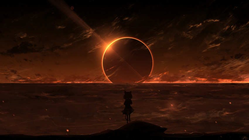 1girl animal_ears cat_ears cat_girl cat_tail clouds eclipse highres horizon looking_afar ocean original outdoors rune_xiao scenery skirt solar_eclipse solo standing sun tail water