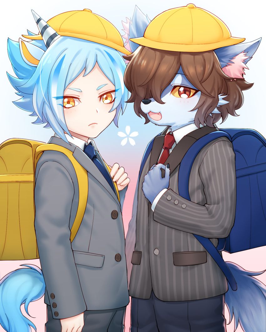 2boys aged_down animal_ears backpack bag blue_hair brown_hair colored_sclera furry highres horns horse_ears horse_tail kintaurus_(show_by_rock!!) long_sleeves looking_at_viewer male_child male_focus mel6969 multiple_boys orange_eyes red_eyes short_hair show_by_rock!! single_horn tail titan_(show_by_rock!!) unicorn_boy werewolf yellow_sclera