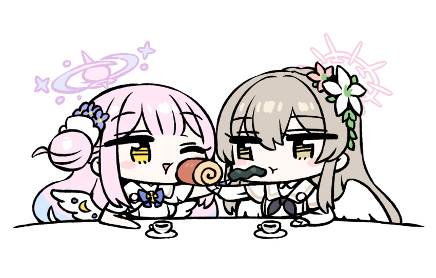 2girls :t bangs blue_archive blue_hair brown_eyes cake chan_co chibi closed_mouth commentary cup dress flower food grey_hair hair_bun hair_flower hair_ornament halo holding holding_food long_hair long_sleeves mika_(blue_archive) multicolored_hair multiple_girls nagisa_(blue_archive) one_eye_closed open_mouth pink_hair purple_flower simple_background single_side_bun swiss_roll white_background white_dress white_flower white_wings wing_ornament wings yellow_eyes