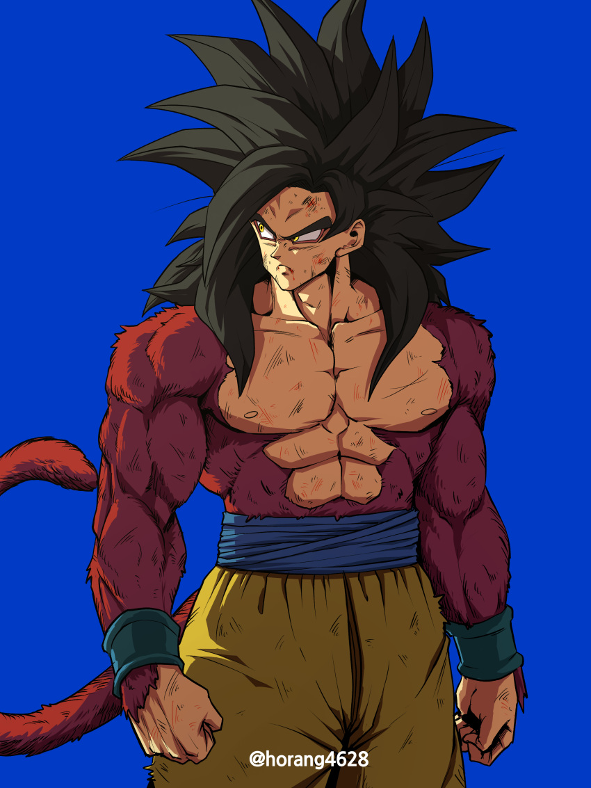 1boy absurdres arms_at_sides artist_name baggy_pants biceps black_hair blood blood_from_mouth blue_sash blue_wristband blurry blurry_background body_fur closed_mouth collarbone commentary_request dragon_ball dragon_ball_gt frown highres horang4628 korean_commentary long_hair looking_away looking_to_the_side male_focus monkey_tail muscular muscular_male pants pectorals red_fur sash scratches serious simple_background solo son_goku spiky_hair standing super_saiyan super_saiyan_4 tail torn_clothes twitter_username v-shaped_eyebrows wristband yellow_eyes yellow_pants