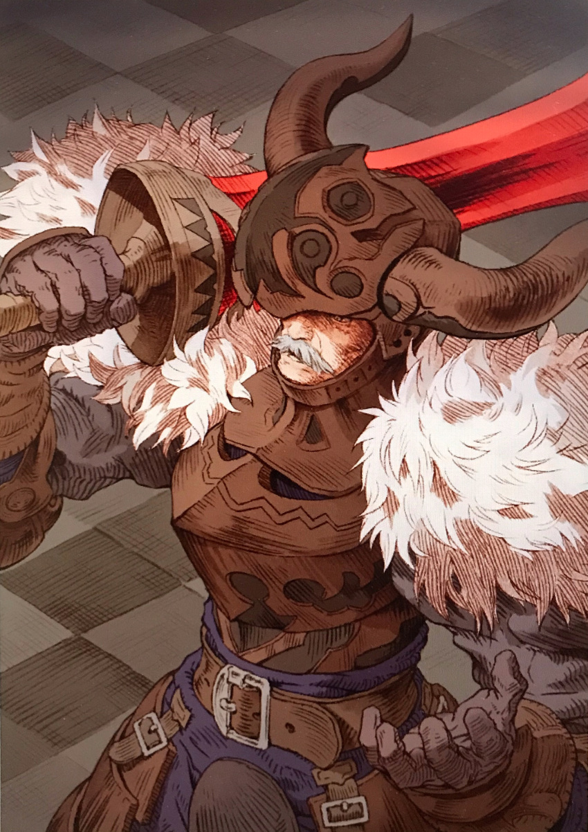 1boy absurdres armor belt facial_hair fake_horns final_fantasy final_fantasy_tactics fur_trim gloves goffard_gaffgarion grey_hair helmet highres horned_helmet horns indoors male_focus mustache over_shoulder shinichi_kobe solo standing tile_floor tiles