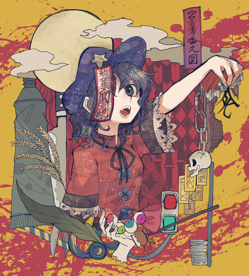 1girl black_eyes black_hair blue_headwear chinese_clothes hat hat_ornament highres itomugi-kun jiangshi miyako_yoshika ofuda open_mouth red_shirt shirt short_hair short_sleeves solo star_(symbol) star_hat_ornament tangzhuang touhou