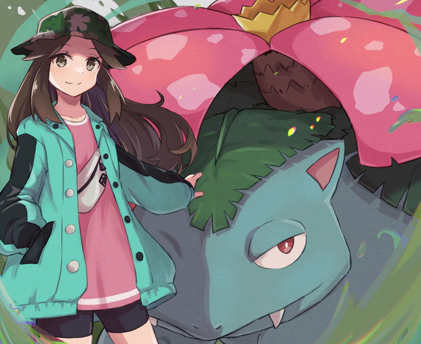 1girl absurdres bag bike_shorts brown_eyes brown_hair camouflage camouflage_headwear closed_mouth eyelashes fang floating_hair green_jacket hair_flaps half-closed_eyes hand_in_pocket hand_on_another's_head highres jacket leaf_(pokemon) leaf_(sygna_suit)_(pokemon) long_sleeves official_alternate_costume open_clothes open_jacket pink_shirt piyo_to_game pokemon pokemon_(game) pokemon_masters_ex red_eyes shirt smile venusaur