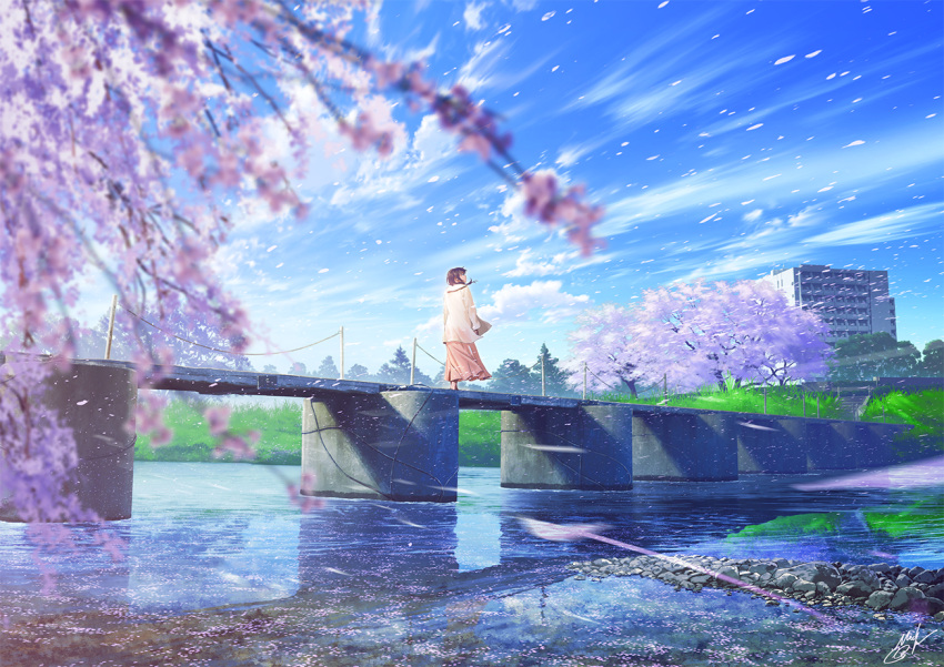 1girl black_hair blue_sky bridge brown_skirt building cherry_blossoms clouds commentary_request day jacket long_hair long_sleeves looking_away mocha_(cotton) original outdoors petals petals_on_liquid skirt sky solo spring_(season) standing tree water white_jacket