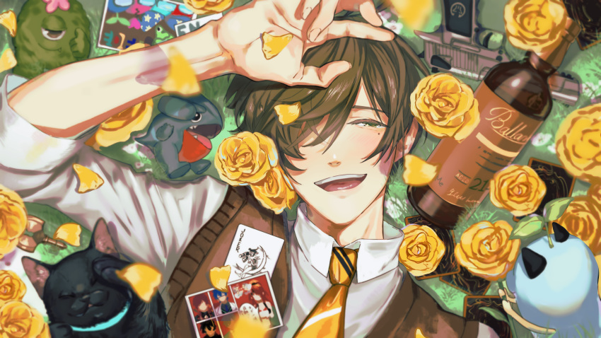 1boy absurdres amagumo0501 black_cat bottle card cat crewmate_(among_us) falling_petals flower gible gun hair_over_one_eye handgun highres joker_(card) key lying male_focus mole mole_under_eye necktie nijisanji oliver_evans on_back open_mouth petals playing_card rose rose_petals shirt sweater_vest teeth upper_teeth_only virtual_youtuber weapon white_shirt wine_bottle yellow_flower yellow_necktie yellow_rose yu-gi-oh!