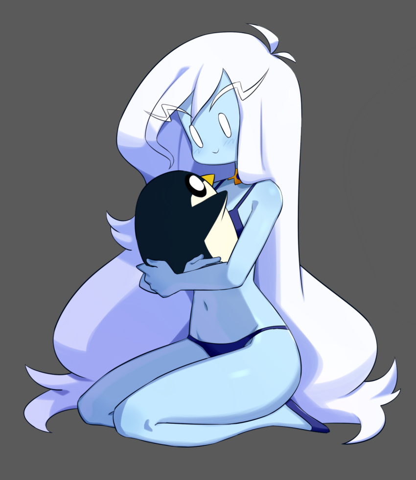 1girl adventure_time bird blue_bra blue_footwear blue_panties blue_skin bra breasts colored_skin flowers-imh grey_background gunter_(adventure_time) high_heels highres ice_queen_(adventure_time) long_hair panties penguin seiza simple_background sitting underwear very_long_hair white_eyes white_hair