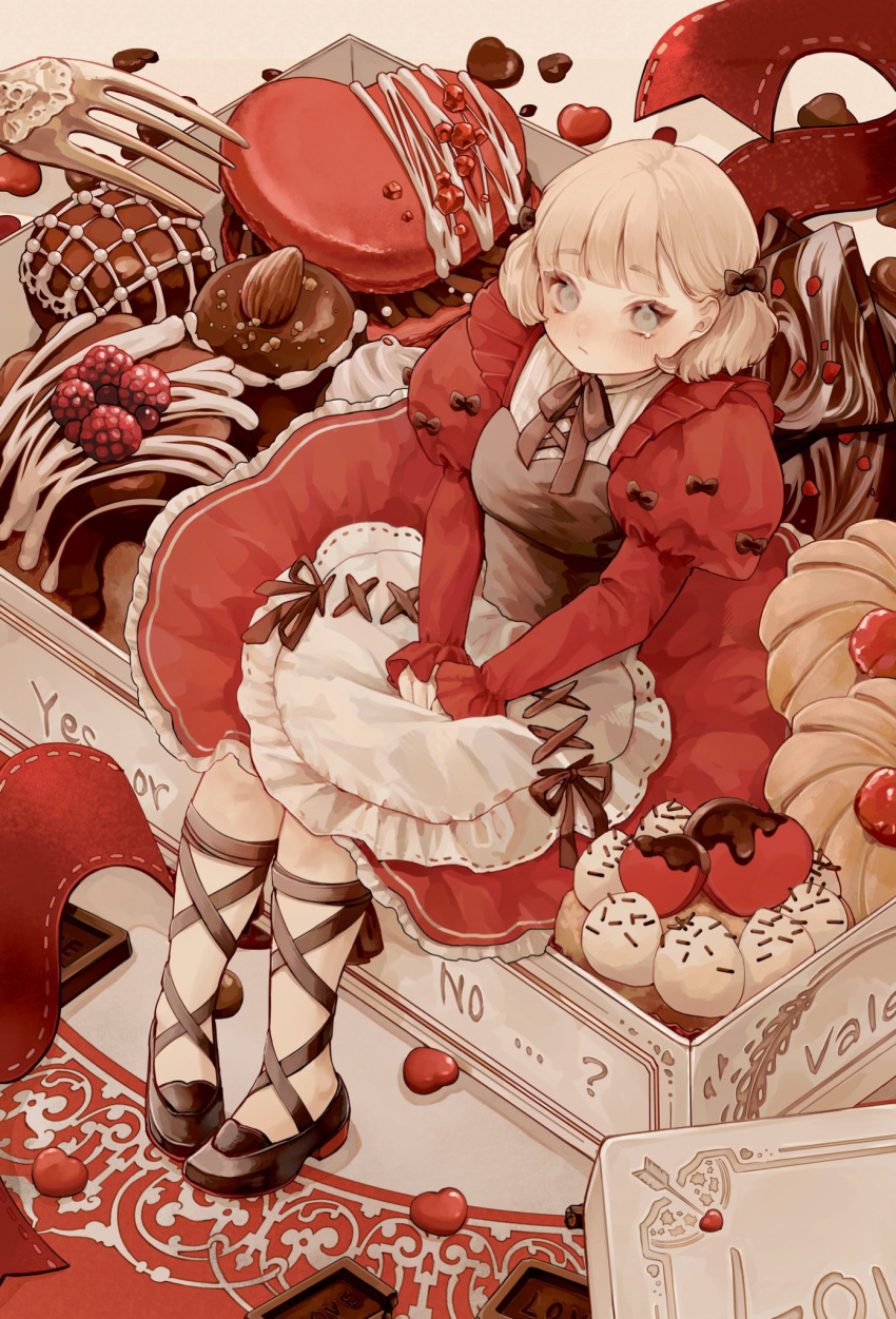 1girl blonde_hair blue_eyes candy chocolate crying crying_with_eyes_open food full_body heart heart-shaped_chocolate highres juliet_sleeves lolita_fashion long_sleeves looking_at_viewer original puffy_sleeves shiiro_illust sitting solo sweet_lolita tears