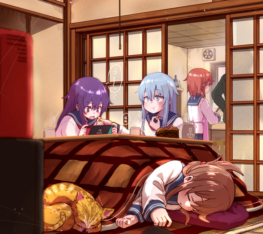 1other 4girls akatsuki_(kancolle) animal apron bangs basket black_sailor_collar black_skirt blue_eyes blush brown_eyes brown_hair cat cellphone closed_mouth commission cup eating flying_sweatdrops folded_ponytail food hair_between_eyes handheld_game_console hibiki_(kancolle) highres holding holding_food holding_handheld_game_console ikazuchi_(kancolle) inazuma_(kancolle) kantai_collection kotatsu long_hair long_sleeves multiple_girls neckerchief nintendo_switch no_headwear open_mouth phone pink_apron pixiv_commission playing_games purple_hair red_neckerchief sailor_collar school_uniform serafuku short_hair shouji sidelocks skirt sliding_doors smartphone speech_bubble table translation_request unagiman violet_eyes white_hair