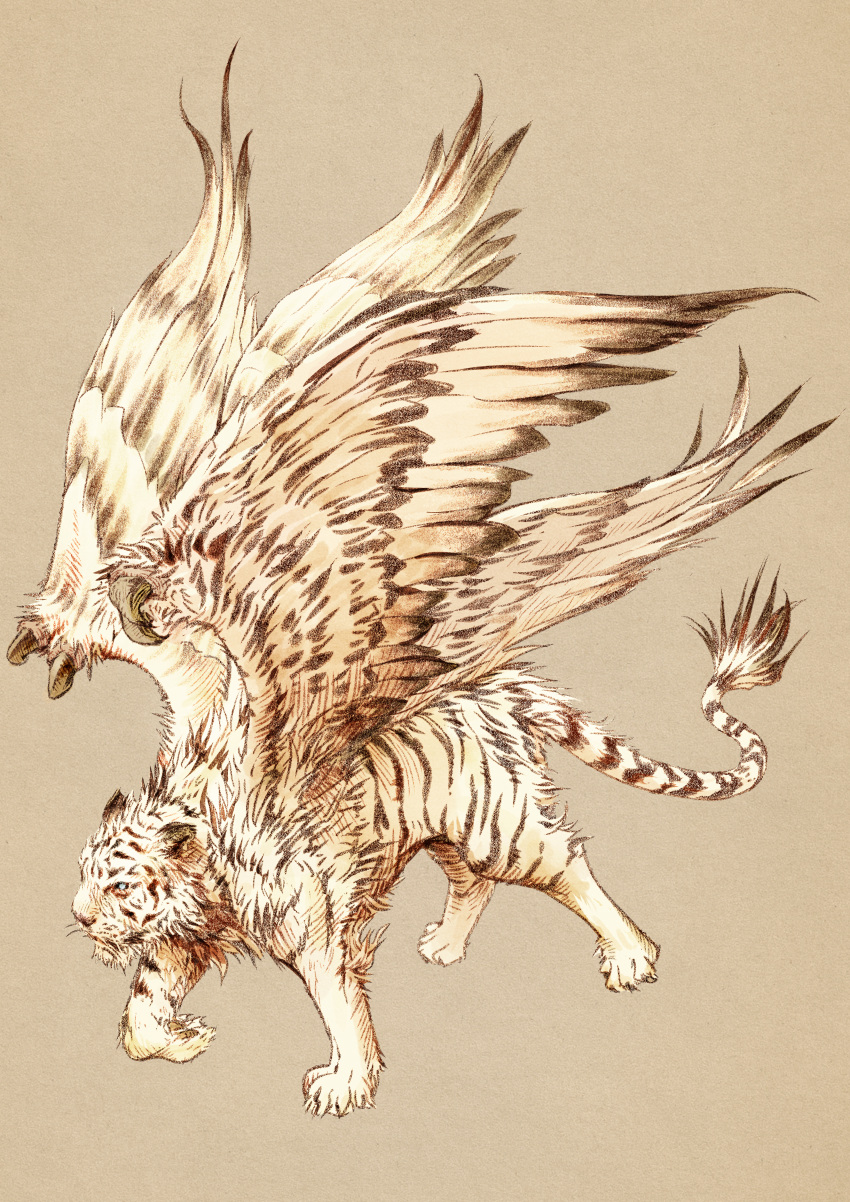 absurdres blue_eyes brown_background brown_theme creature highres monochrome no_humans original shinichi_kobe simple_background tiger wings
