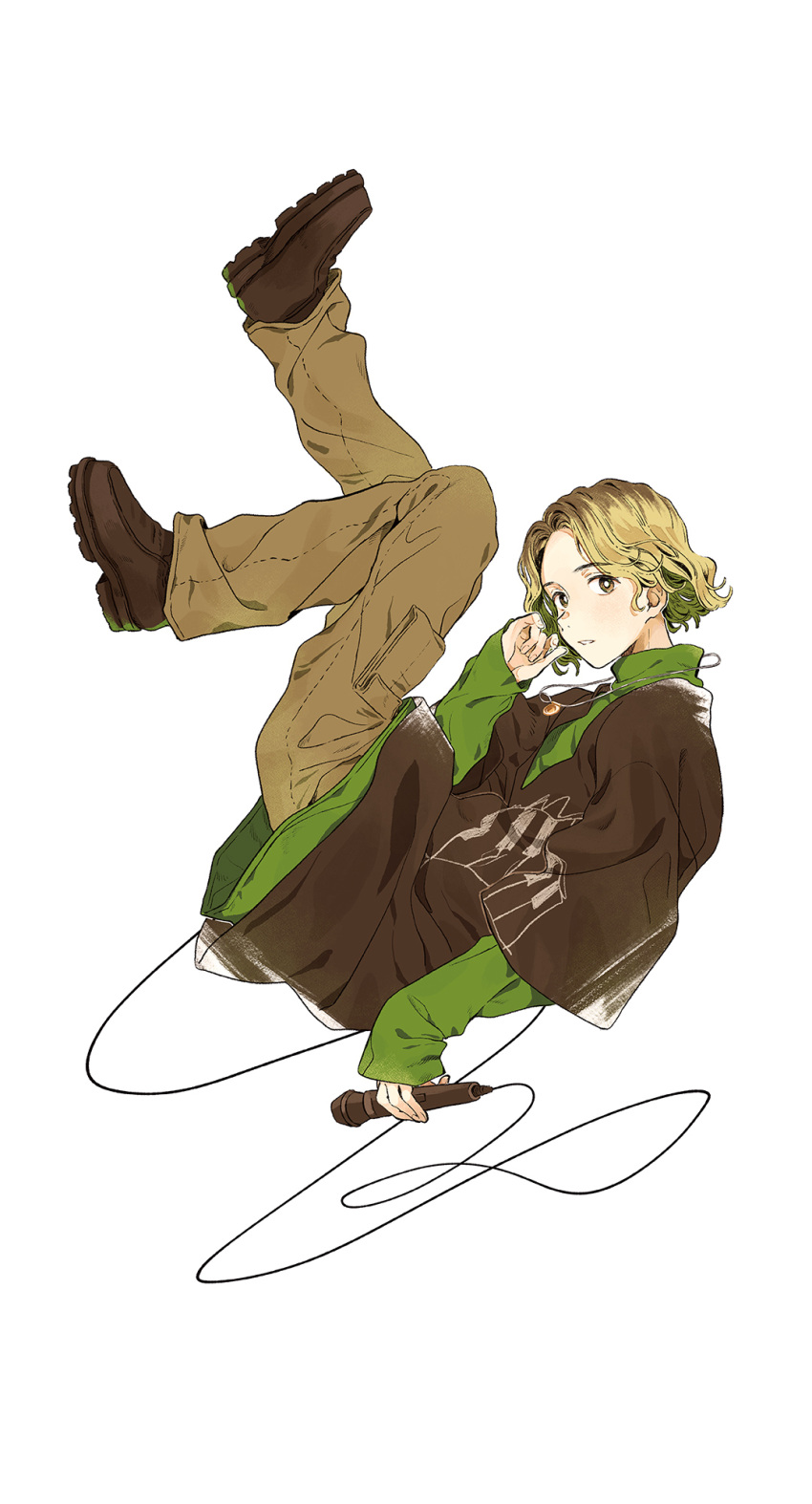 1boy blonde_hair boots brown_eyes brown_footwear brown_pants brown_shirt curly_hair green_shirt highres holding holding_microphone jewelry kana_(okitasougo222) legs_up looking_at_viewer male_focus microphone microphone_cord midair necklace official_art pants parted_lips po-uta shirt solo turtleneck vocaloid white_background