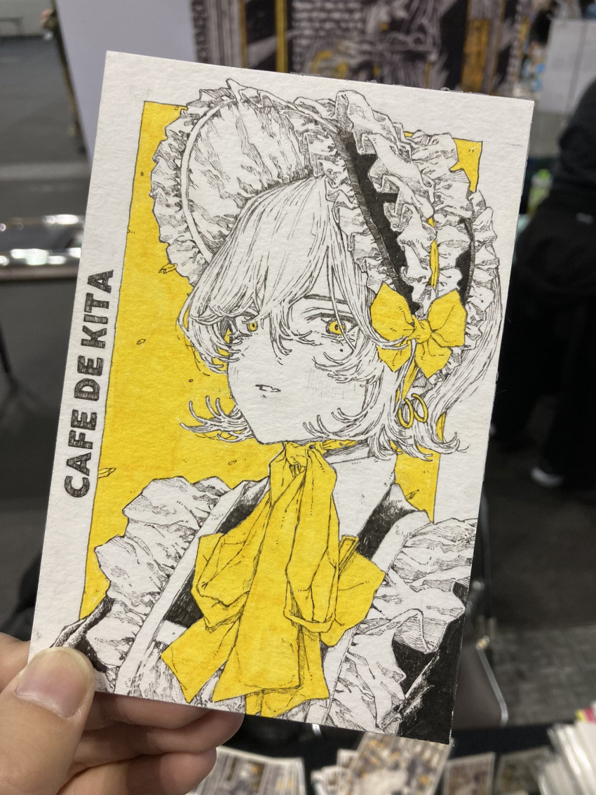 1girl bow earrings frilled_bonnet hair_between_eyes hair_bow highres jewelry kitamurashu looking_at_viewer monochrome neckerchief original parted_lips photo_(medium) portrait short_hair solo spot_color white_hair yellow_background yellow_bow yellow_eyes yellow_neckerchief