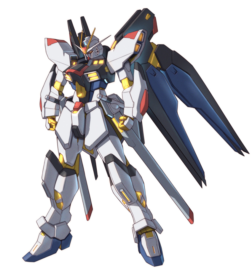 clenched_hands commentary full_body gundam gundam_seed gundam_seed_destiny highres looking_down mecha mechanical_wings mobile_suit no_humans orange_eyes revision robot science_fiction simple_background solo standing strike_freedom_gundam takahashi_masaki v-fin white_background wings yellow_eyes