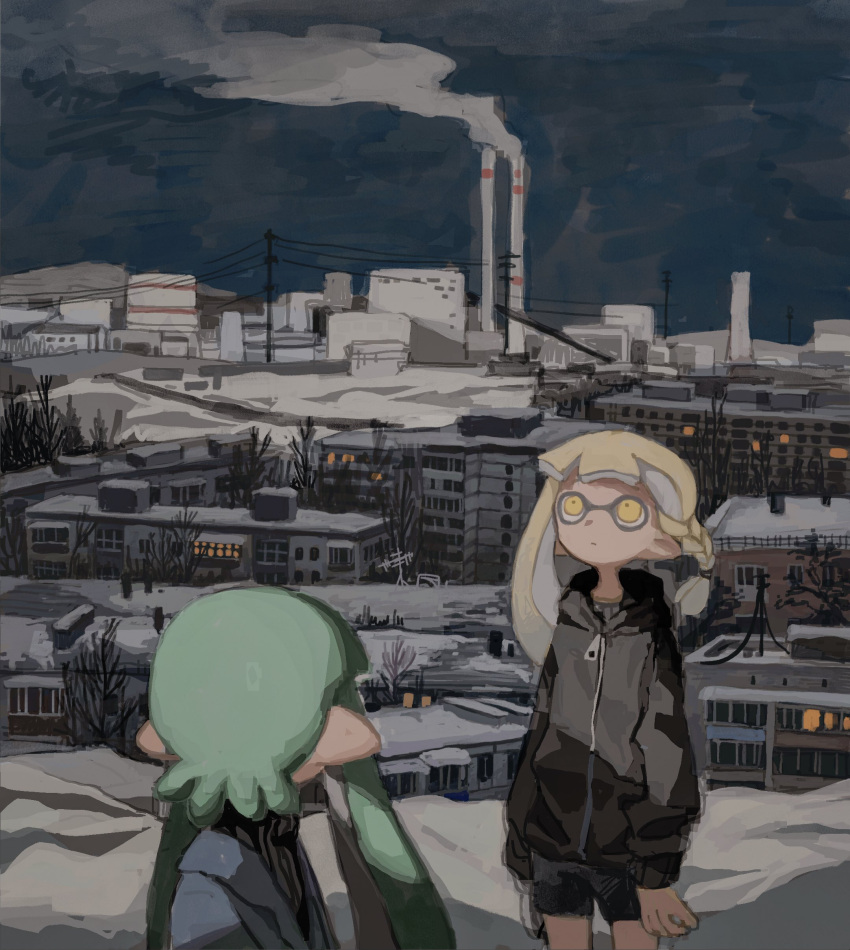 2girls absurdres agent_3_(splatoon) agent_3_(splatoon_3) black_jacket black_shorts black_sweater blonde_hair blue_jacket braid building closed_mouth dr_mice green_hair highres inkling inkling_girl jacket long_hair long_sleeves multiple_girls night outdoors pointy_ears power_lines ribbed_sweater shorts side_braid sky smoke snow splatoon_(series) splatoon_3 standing sweater tentacle_hair tentacles turtleneck turtleneck_sweater twintails