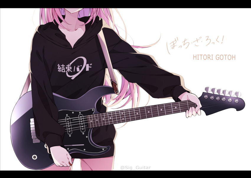 1girl artist_name backlighting black_hoodie bocchi_the_rock! character_name collarbone commentary_request copyright_name electric_guitar gotou_hitori guitar head_out_of_frame highres holding holding_instrument holding_plectrum hood hoodie instrument letterboxed long_hair long_sleeves pants pink_hair pink_pants plectrum shigure_(sigre) simple_background solo standing upper_body very_long_hair white_background yamaha_pacifica