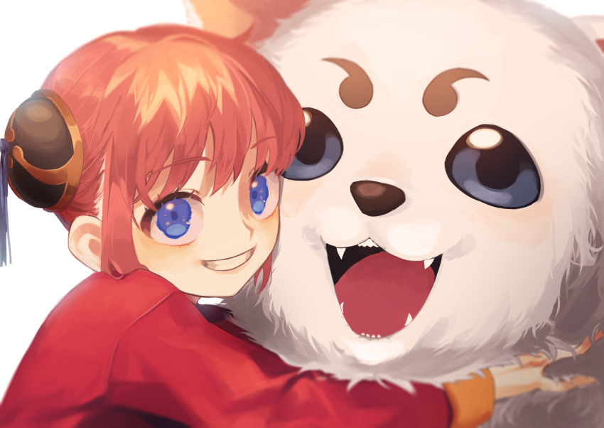 1girl :d animal animal_hug arm_around_neck bangs blue_eyes bun_cover chinese_clothes close-up commentary dog double_bun gintama grin hair_bun hair_up highres kagura_(gintama) long_sleeves looking_at_viewer open_mouth oversized_animal pamoo_owo parted_lips portrait red_shirt redhead sadaharu sharp_teeth shirt sidelocks simple_background smile solo tangzhuang teeth white_background white_dog