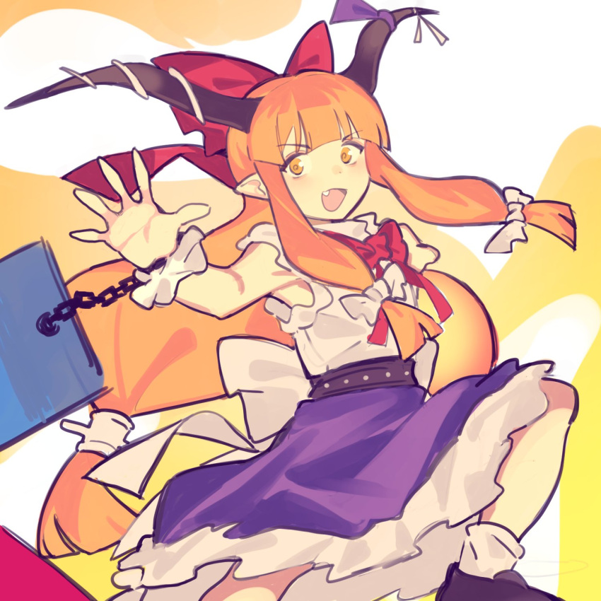 1girl :d bangs blunt_bangs bow chain cuffs fang highres horn_bow horn_ornament horns ibuki_suika long_hair looking_at_viewer ntii open_mouth orange_hair pointy_ears shackles skirt sleeveless smile solo touhou