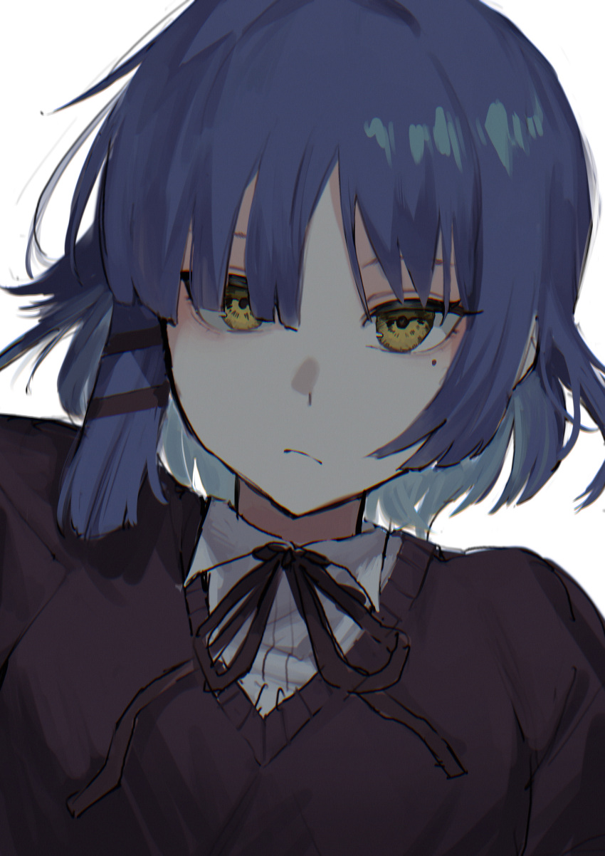1girl absurdres bangs black_ribbon black_sweater blue_hair bocchi_the_rock! collared_shirt commentary_request frown hair_ornament hairclip highres looking_at_viewer mole mole_under_eye mosa_1120 neck_ribbon portrait ribbon school_uniform shimokitazawa_high_school_uniform shirt short_hair simple_background solo sweater white_background white_shirt yamada_ryou yellow_eyes