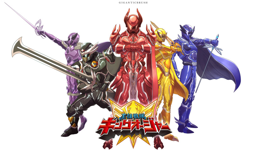 2girls 3boys absurdres artist_name beetle black_cape blue_cape bug buster_sword butterfly cape dragonfly everyone giganticbrush hachi_ohger highres holding holding_sword holding_weapon kamakiri_ohger king knight kuwagata_ohger mixed-language_commentary multiple_boys multiple_girls ohgercalibur ohsama_sentai_king-ohger papillon_ohger planted planted_sword praying_mantis purple_cape rapier red_cape stag_beetle super_sentai sword tokusatsu tombo_ohger wasp weapon yellow_cape