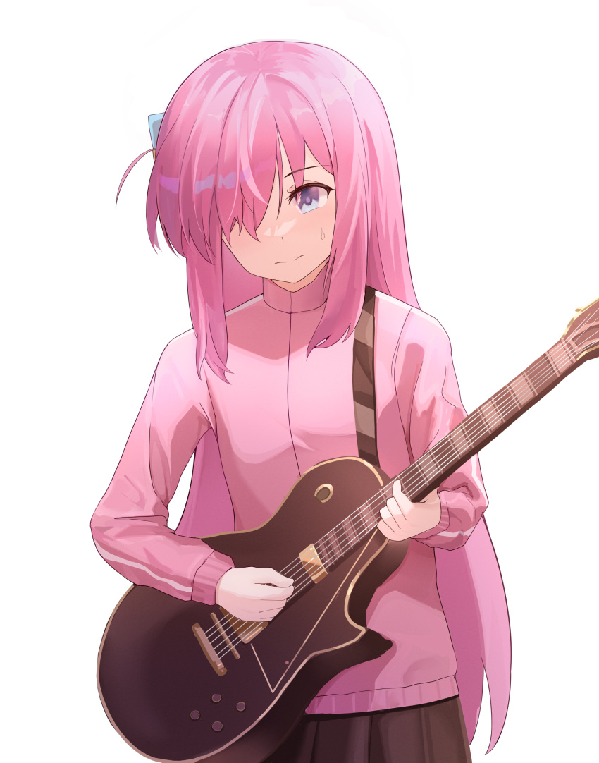 1girl absurdres bangs beijiushui black_skirt blue_eyes bocchi_the_rock! closed_mouth cube_hair_ornament electric_guitar gotou_hitori guitar hair_ornament hair_over_one_eye highres holding holding_instrument instrument jacket long_hair long_sleeves one_side_up pink_jacket pleated_skirt simple_background skirt solo sweat track_jacket very_long_hair white_background