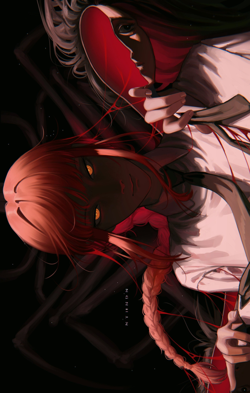 1girl 1other absurdres artist_name bangs bisected black_necktie blood blood_in_hair braid braided_ponytail brown_hair business_suit chainsaw_man collared_shirt dark dark_background darkness_devil exif_rotation eyes_in_shadow formal glowing glowing_eyes highres horror_(theme) long_hair looking_at_viewer makima_(chainsaw_man) monster necktie nthndn office_lady prinz_(chainsaw_man) redhead ringed_eyes shirt sidelocks smile solo suit white_shirt yellow_eyes