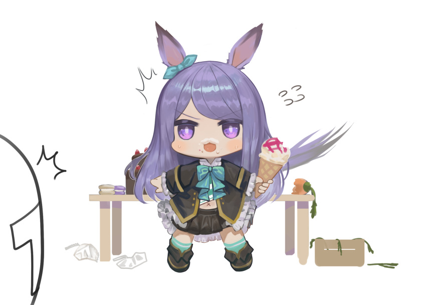 1girl 1other ^^^ animal_ears bangs black_footwear black_jacket black_skirt blue_bow blue_ribbon blue_socks bow cake carrot chibi commentary dokomon ear_ribbon flying_sweatdrops food food_on_face highres holding holding_food horse_ears horse_girl horse_tail ice_cream ice_cream_cone jacket long_hair macaron mejiro_mcqueen_(umamusume) open_mouth pleated_skirt purple_hair ribbon shoes simple_background skirt socks solo_focus sweat swept_bangs symbol-only_commentary t-head_trainer tail trainer_(umamusume) umamusume v-shaped_eyebrows very_long_hair violet_eyes white_background x_navel