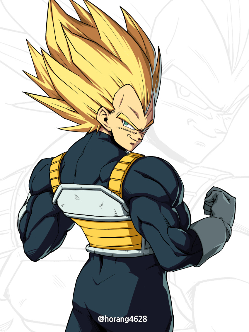 1boy absurdres armor artist_name biceps blonde_hair blue_bodysuit bodysuit clenched_hands closed_mouth commentary_request dragon_ball gloves green_eyes hands_up highres horang4628 korean_commentary looking_at_viewer looking_back male_focus muscular muscular_male saiyan_armor simple_background smile smirk solo spiky_hair super_saiyan super_saiyan_1 twitter_username v-shaped_eyebrows vegeta white_background white_gloves widow's_peak zoom_layer