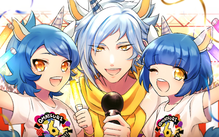 3boys animal_ears balt_(show_by_rock!!) blue_hair brothers highres holding holding_microphone horns horse_ears light_blue_hair looking_at_viewer male_focus mel6969 microphone multiple_boys nickel_(show_by_rock!!) orange_eyes shirt short_sleeves show_by_rock!! siblings single_horn titan_(show_by_rock!!) unicorn_boy white_shirt