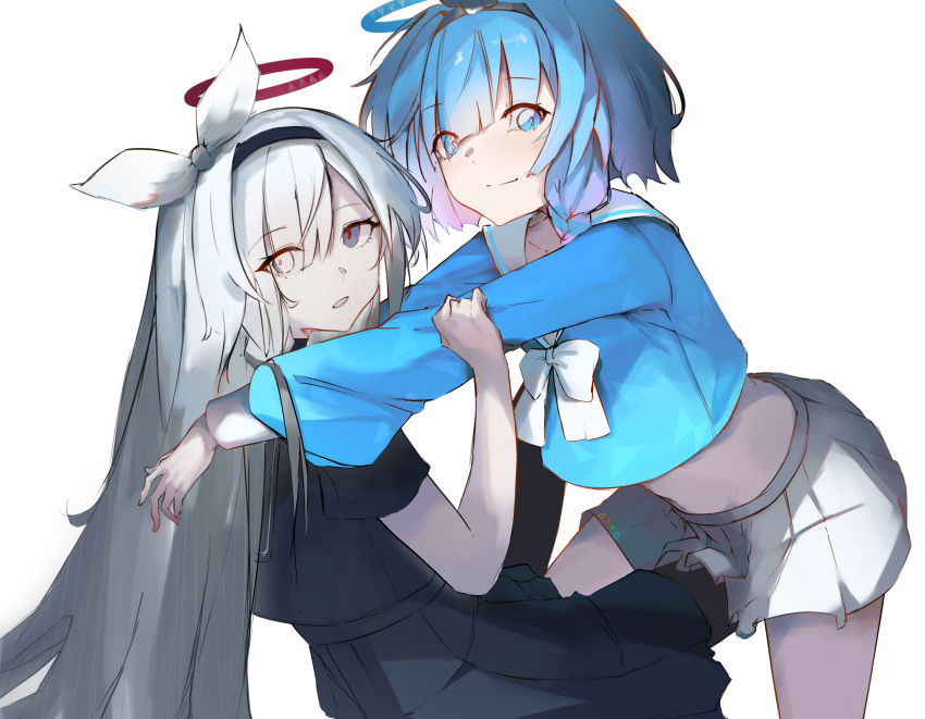 2girls a.r.o.n.a_(blue_archive) arms_around_neck arona_(blue_archive) black_choker black_eyes black_hairband black_serafuku black_skirt blue_archive blue_eyes blue_hair blue_halo blue_serafuku blue_shirt bow bowtie braid choker eyes_visible_through_hair hair_bow hair_over_one_eye hairband halo highres holding_another's_arm light_blue_hair light_smile living_doll long_hair long_sleeves looking_at_viewer multicolored_eyes multicolored_hair multiple_girls open_mouth red_halo sailor_collar school_uniform serafuku shirt short_hair short_sleeves simple_background single_braid skirt white_background white_bow white_bowtie white_sailor_collar white_skirt