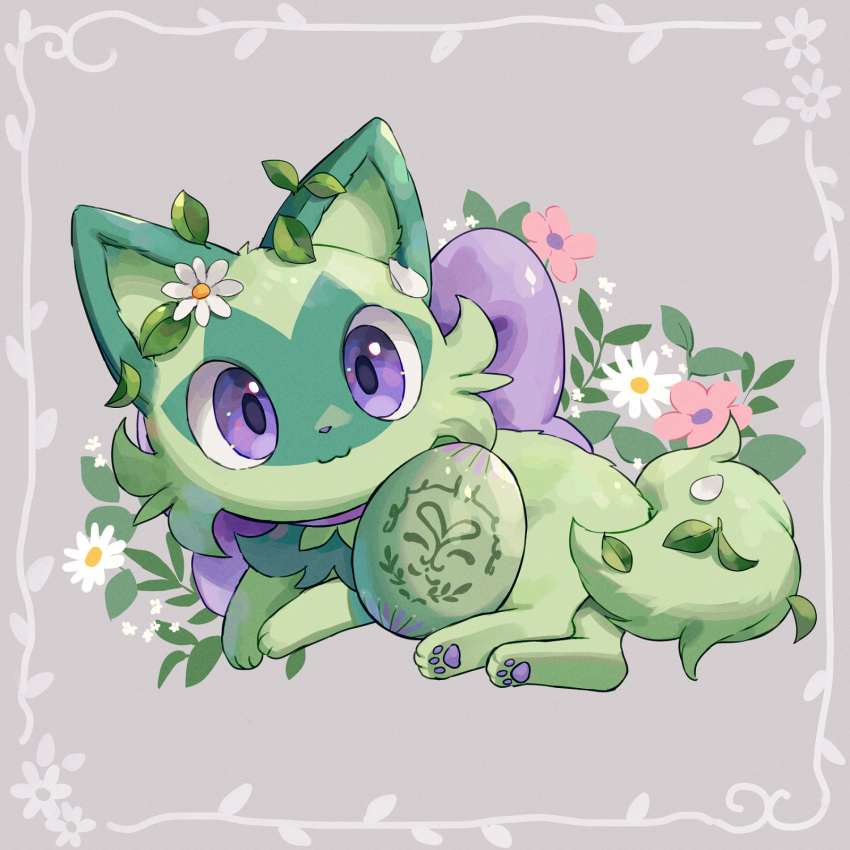 :3 alternate_color closed_mouth commentary_request easter easter_egg egg flower flower_on_head framed full_body grey_background highres kaminokefusa leaf looking_at_viewer no_humans pawpads petals pink_flower plant pokemon pokemon_(creature) shiny_pokemon simple_background smile sprigatito violet_eyes white_flower
