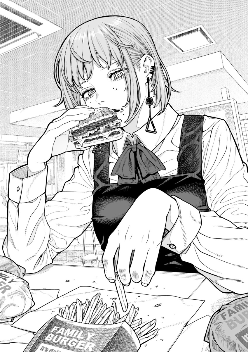 1girl bangs burger chainsaw_man dress ear_piercing earrings eating elbow_rest fami_(chainsaw_man) family_burger_(chainsaw_man) fast_food food food_on_face fourth_east_high_school_uniform french_fries greyscale highres holding holding_food jewelry kanazawa_shinnosuke looking_at_object mole mole_under_eye mole_under_mouth monochrome multiple_moles neck_ribbon piercing pinafore_dress ribbon ringed_eyes school_uniform short_hair solo tassel tassel_earrings