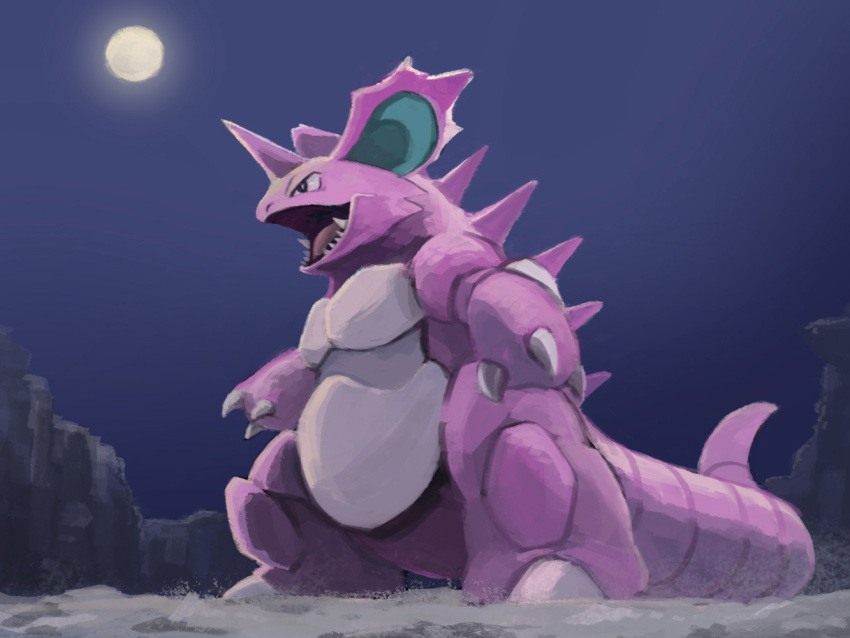 1boy canyon claws creature horns lower_teeth_only moon nidoking night no_humans nostrils open_mouth outdoors pokemon sharp_teeth single_horn solo standing teeth uninori