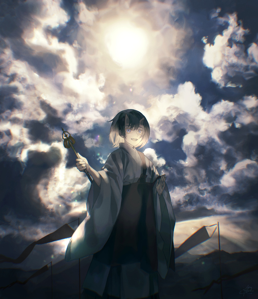 1boy :d blue_eyes clouds flag geki highres hise japanese_clothes male_focus oni original outdoors short_hair smile solo wide_sleeves