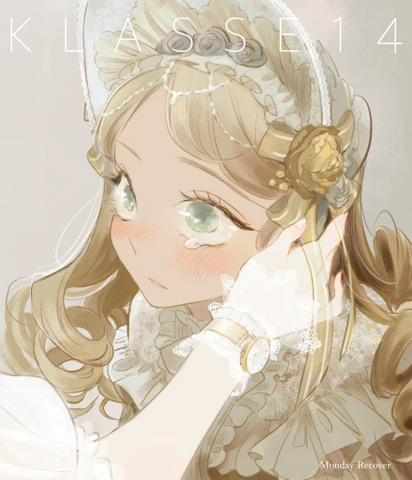 2girls blush bonnet chinese_commentary closed_mouth commentary_request curly_hair dress green_eyes grey_background hand_on_another's_face highres lace lace_trim light_brown_hair lolita_fashion long_hair monday_recover multiple_girls original tearing_up tears watch wrist_cuffs yuri