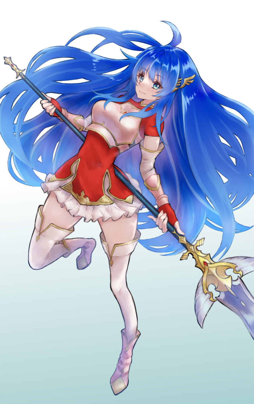 1girl absurdres armor bangs blue_eyes blue_hair boots breastplate caeda_(fire_emblem) fingerless_gloves fire_emblem fire_emblem:_mystery_of_the_emblem fire_emblem_heroes full_body gloves hair_ornament highres holding holding_polearm holding_weapon howaito_gyuunyuu long_hair official_alternate_costume polearm polearm_behind_back red_gloves red_shirt shirt skirt solo thigh_boots weapon white_skirt