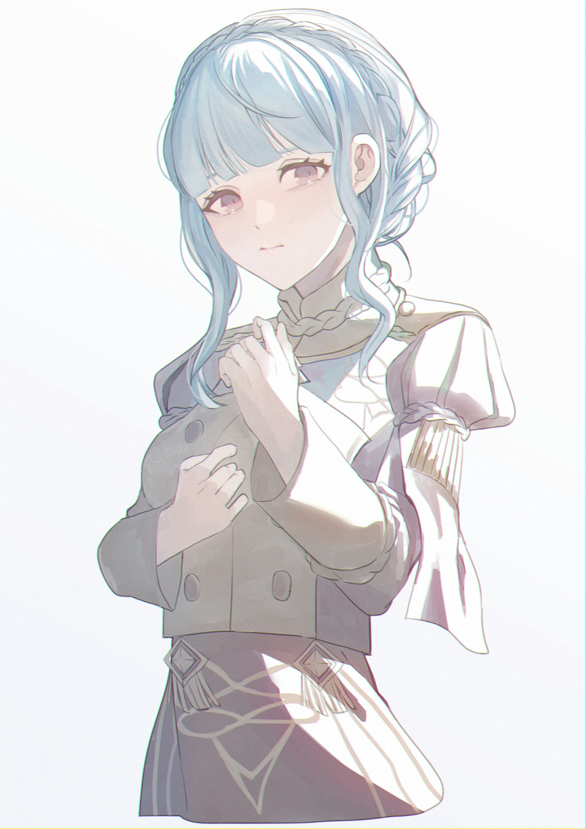 1girl bangs blue_hair blunt_bangs braid brown_eyes buttons closed_mouth commentary crown_braid fire_emblem fire_emblem:_three_houses garreg_mach_monastery_uniform highres juliet_sleeves long_sleeves looking_at_viewer marianne_von_edmund mo._(ntra5332) puffy_sleeves short_hair short_hair_with_long_locks sidelocks simple_background solo uniform white_background