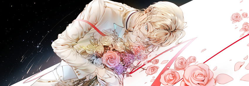 1boy blonde_hair blue_eyes blue_flower blue_rose bouquet ensemble_stars! flower formal highres holding holding_bouquet ind_(121) jacket looking_at_viewer lying male_focus on_side petals pink_flower pink_rose purple_flower purple_rose rose rose_petals short_hair solo tenshouin_eichi white_jacket yellow_flower yellow_rose