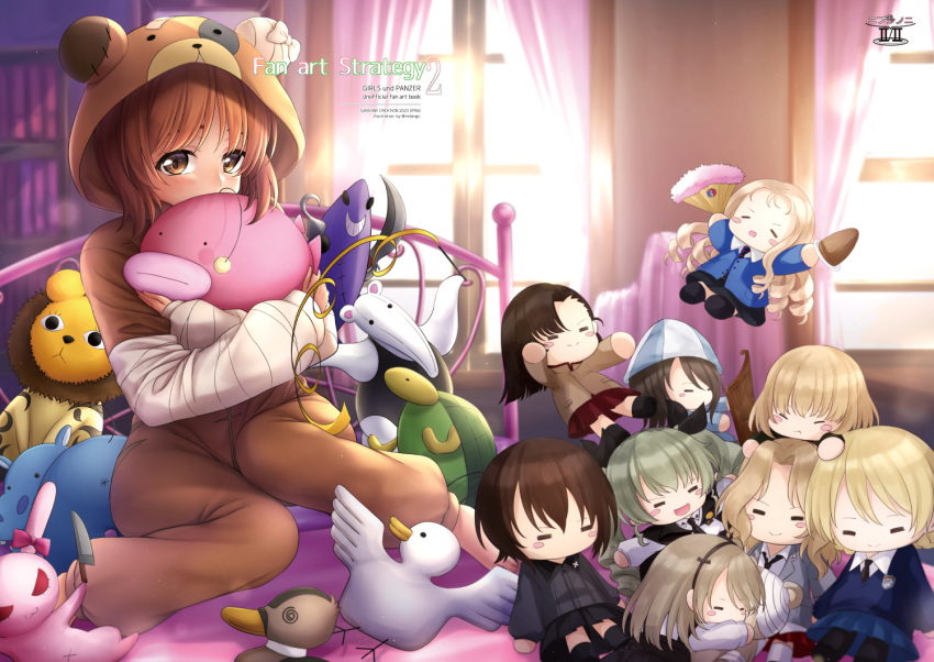 1girl anchovy_(girls_und_panzer) anglerfish animal_costume animal_hood anzio_school_uniform bangs barefoot bc_freedom_school_uniform bear_costume bear_hood bedroom blush blush_stickers boko_(girls_und_panzer) bookshelf brown_eyes brown_hair character_doll chi-hatan_school_uniform covering_face darjeeling_(girls_und_panzer) english_text girls_und_panzer hood hood_up indoors katyusha_(girls_und_panzer) kay_(girls_und_panzer) keizoku_school_uniform kuromorimine_school_uniform leopon_(animal) long_sleeves looking_at_viewer marie_(girls_und_panzer) mika_(girls_und_panzer) mini_dang01 nishi_kinuyo nishizumi_maho nishizumi_miho on_bed onesie pajamas pravda_school_uniform saunders_school_uniform school_uniform short_hair sitting solo st._gloriana's_school_uniform stuffed_animal stuffed_anteater stuffed_duck stuffed_fish stuffed_hippopotamus stuffed_rabbit stuffed_shark stuffed_toy stuffed_turtle teddy_bear trait_connection window