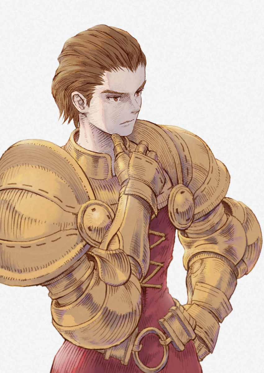 armor brown_eyes brown_hair delita_heiral final_fantasy final_fantasy_tactics gauntlets hair_slicked_back hand_on_hip highres o-ring shinichi_kobe short_hair simple_background standing white_background