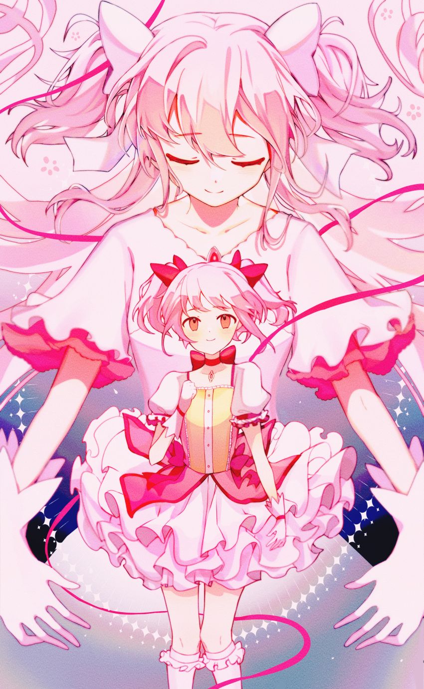 2girls bow bubble_skirt choker closed_eyes closed_mouth commentary_request dress frilled_skirt frilled_socks frills gloves goddess_madoka hair_bow highres kaname_madoka kneehighs long_hair magical_girl mahou_shoujo_madoka_magica multiple_girls noroi_03 pink_bow puffy_short_sleeves puffy_sleeves red_ribbon ribbon ribbon_choker short_hair short_sleeves short_twintails skirt smile socks twintails two_side_up white_bow white_dress white_gloves white_skirt white_socks wide_sleeves