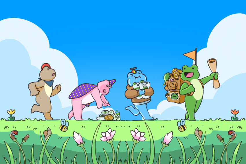 animal backpack bag bee blue_sky bug closed_eyes clouds controller flower frog froggy_friends game_controller grass highres holding holding_map ladybug map official_art open_mouth orange_flower outdoors pink_flower propeller_hat sky snail yellow_flower