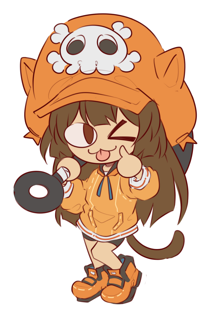 1girl :3 anchor bike_shorts brown_eyes brown_hair cat_tail full_body guilty_gear guilty_gear_strive hat highres holding holding_anchor hood hoodie long_hair looking_at_viewer may_(guilty_gear) melty_blood mil17459623 neco-arc one_eye_closed orange_footwear orange_headwear orange_hoodie simple_background skull_and_crossbones solo standing tail tongue tongue_out tsukihime white_background