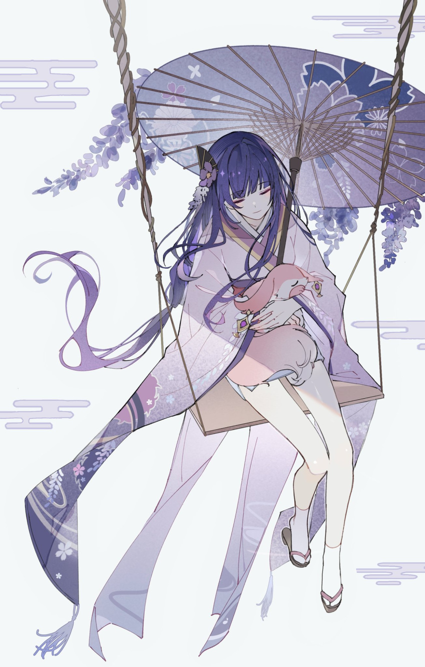 1girl animal_hug ankle_socks bangs bare_legs blunt_bangs closed_eyes closed_mouth commentary egasumi floating_hair floral_print flower fox genshin_impact geta hair_flower hair_ornament hair_over_shoulder highres holding holding_umbrella japanese_clothes kimono knees_together_feet_apart light_smile long_hair long_sleeves oil-paper_umbrella purple_background purple_flower purple_hair purple_kimono purple_theme raiden_shogun shoe_dangle short_kimono simple_background sitting sleeping socks solo swing symbol-only_commentary tabi umbrella very_long_hair white_socks wide_sleeves wisteria yae_miko yae_miko_(fox) yue_(shemika98425261)