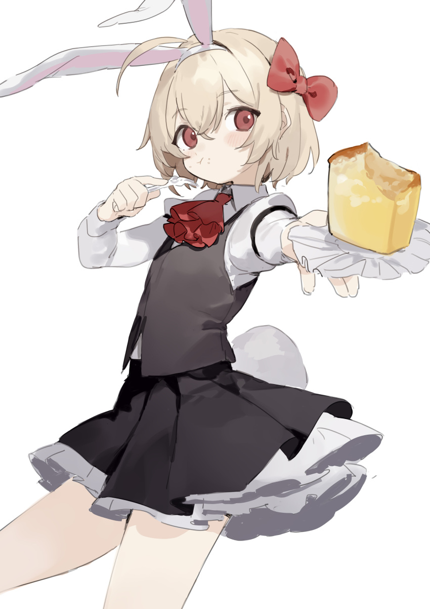 1girl absurdres animal_ears ascot bangs black_skirt black_vest blonde_hair blush bow closed_mouth collared_shirt commentary cowboy_shot eating fake_animal_ears fake_tail food food_on_face fork frilled_skirt frills hair_between_eyes hair_bow highres holding holding_fork long_sleeves rabbit_ears rabbit_tail red_ascot red_bow red_eyes rumia sh_(562835932) shirt short_hair simple_background skirt solo tail touhou vest white_background white_shirt