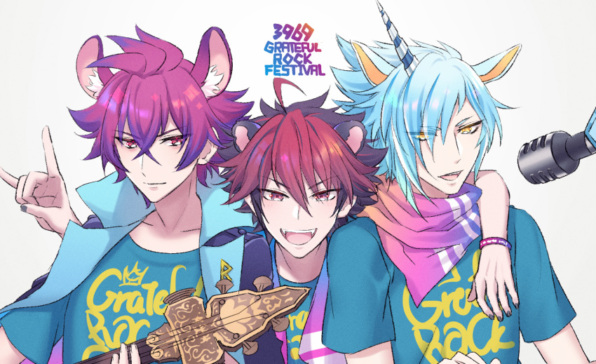 3boys animal_ears black_hair blue_hair crow_(show_by_rock!!) dog_boy dog_ears highres horns horse_ears looking_at_viewer male_focus mel6969 multicolored_hair multiple_boys raccoon_boy raccoon_ears red_eyes redhead rikao_(show_by_rock!!) short_hair show_by_rock!! single_horn titan_(show_by_rock!!) unicorn_boy white_background yellow_eyes