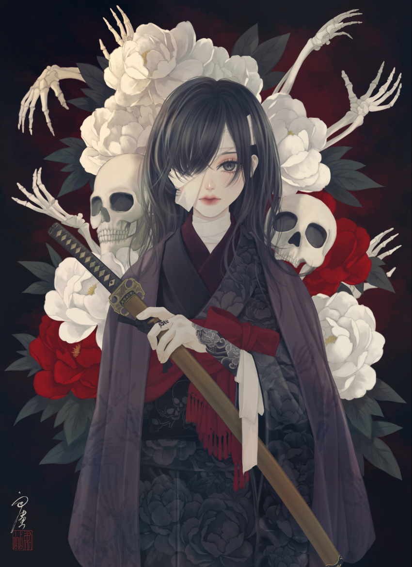 1girl absurdres arm_tattoo bandage_over_one_eye bandaged_arm bandaged_neck bandages bangs black_background black_eyes black_hair black_kimono cloak closed_mouth commentary_request finger_tattoo floral_print flower flower_tattoo hair_over_one_eye highres holding holding_sword holding_weapon japanese_clothes katana kimono leaf long_hair looking_at_viewer loose_bandages one_eye_covered original print_kimono red_flower red_sash sash seal_impression sheath sheathed signature skeletal_arm skull skull_print solo standing straight-on sword tattoo upper_body ushiyama_ame weapon white_flower wide_sleeves