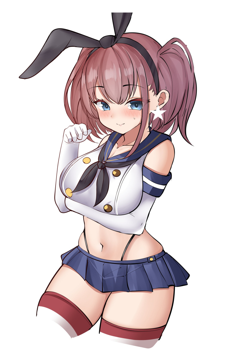 1girl absurdres alternate_costume atlanta_(kancolle) black_hairband black_neckerchief black_panties blue_sailor_collar blue_skirt blush breasts brown_hair cosplay cowboy_shot crop_top earrings elbow_gloves gloves grey_eyes hairband highleg highleg_panties highres jewelry kantai_collection large_breasts long_hair looking_at_viewer microskirt neckerchief panties sailor_collar shimakaze_(kancolle) shimakaze_(kancolle)_(cosplay) simple_background single_earring skirt solo star_(symbol) star_earrings striped striped_thighhighs sweatdrop tf_cafe thigh-highs thong two_side_up underwear white_background white_gloves