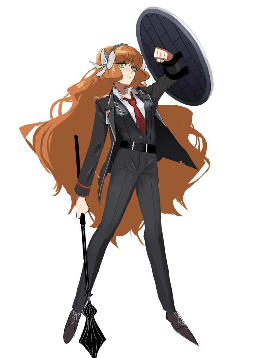 1girl arm_shield arm_up bangs belt black_belt black_footwear black_jacket black_pants black_vest bow breasts collared_shirt ff_nami freckles full_body hair_bow hairband highres holding_mace ishmael_(limbus_company) jacket limbus_company long_hair looking_at_viewer mace medium_breasts necktie orange_hair pants project_moon red_necktie shirt shoes sidelocks simple_background solo very_long_hair vest weapon white_background white_bow white_shirt