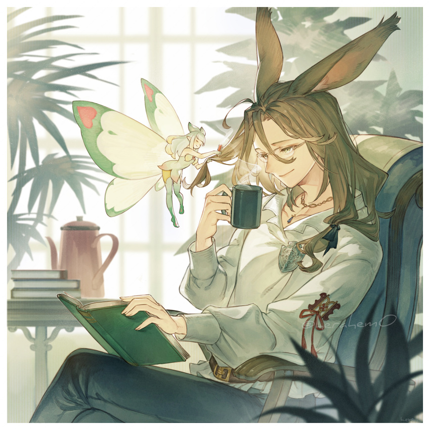 1boy 1girl animal_ears avatar_(ff14) book border brown_eyes brown_hair brushing_another's_hair brushing_hair commission crossed_legs cup eos_(ff14) fairy fairy_wings final_fantasy final_fantasy_xiv glasses hair_brush herayoshi highres holding holding_cup indoors long_hair mug open_book rabbit_ears semi-rimless_eyewear sitting skeb_commission viera white_border wings